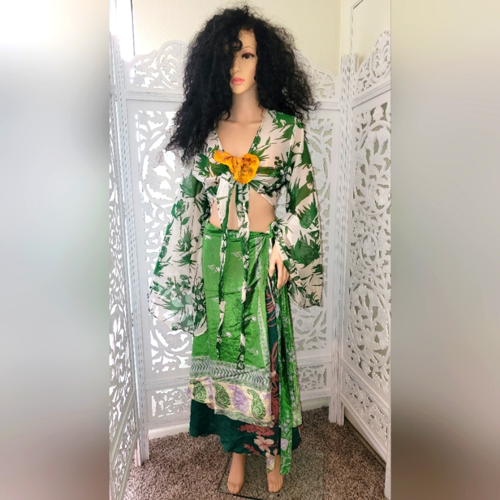 Exotic Silk Boho Green Multicolor Reversible Wrap Maxi Skirt